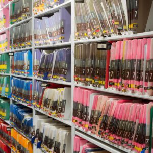 A view of colorful medical records of patients in a row